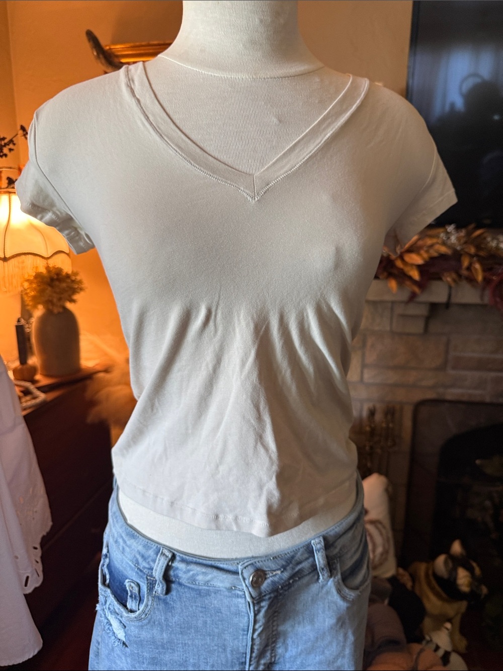 Zara Cotton V-Neck Slim Fit T-Shirt - Tan / Ecru (Size LG) NWOT